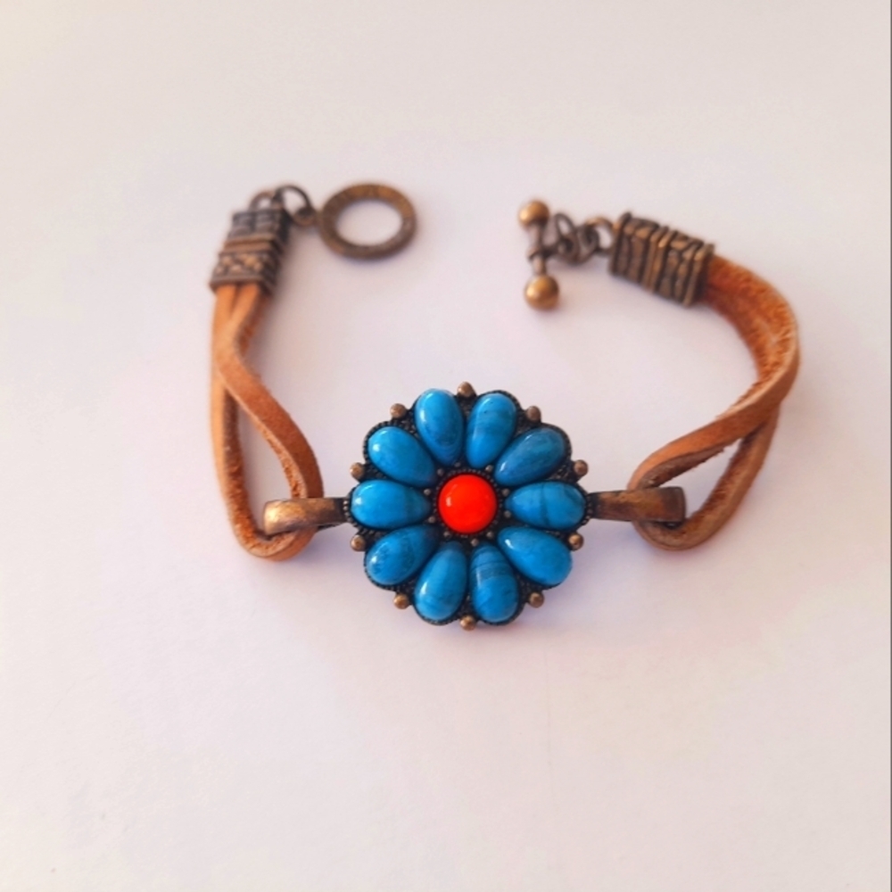 Brown Leather Bracelet With Torquiose And Red Accents